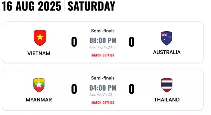 Lịch thi đấu bán kết AFF Cup nữ.