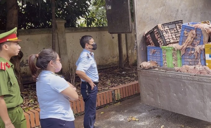 Mỡ và da bò được chứa trong các rổ nhựa với tình trạng mất an toàn vệ sinh thực phẩm. Ảnh: Quản lý thị trường