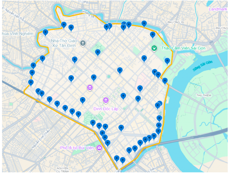 Các vị trí lắp đặt camera giám sát ANPR ở khu vực phát thải thấp - trung tâm TPHCM.