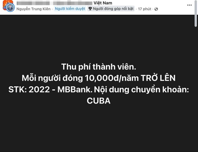 Bài đăng của anh Kiên thông báo "thu phí thành viên" trong một hội nhóm hơn 500.000 người tham dự. Ảnh: Nhân vật cung cấp
