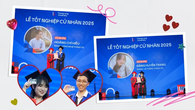 Cặp đôi cầm thẻ sinh viên của nhau khi lên sân khấu nhận bằng đại học từ Tiến sĩ Nguyễn Thị Huyền Châu