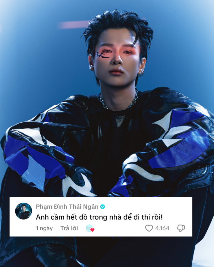 Đối diện màn trêu chọc này, Thái Ngân để lại bình luận hài hước: “Anh cầm hết đồ trong nhà để đi thi rồi!”.