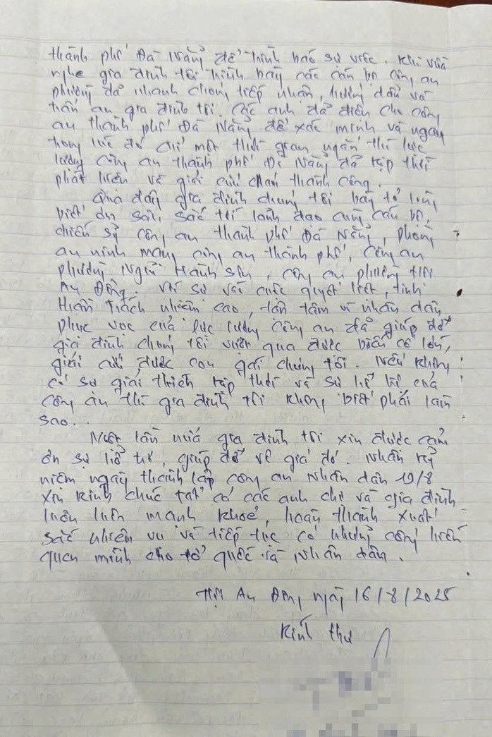 Lá thư viết tay của cha em T.N gửi lực lượng Công an TP Đà Nẵng