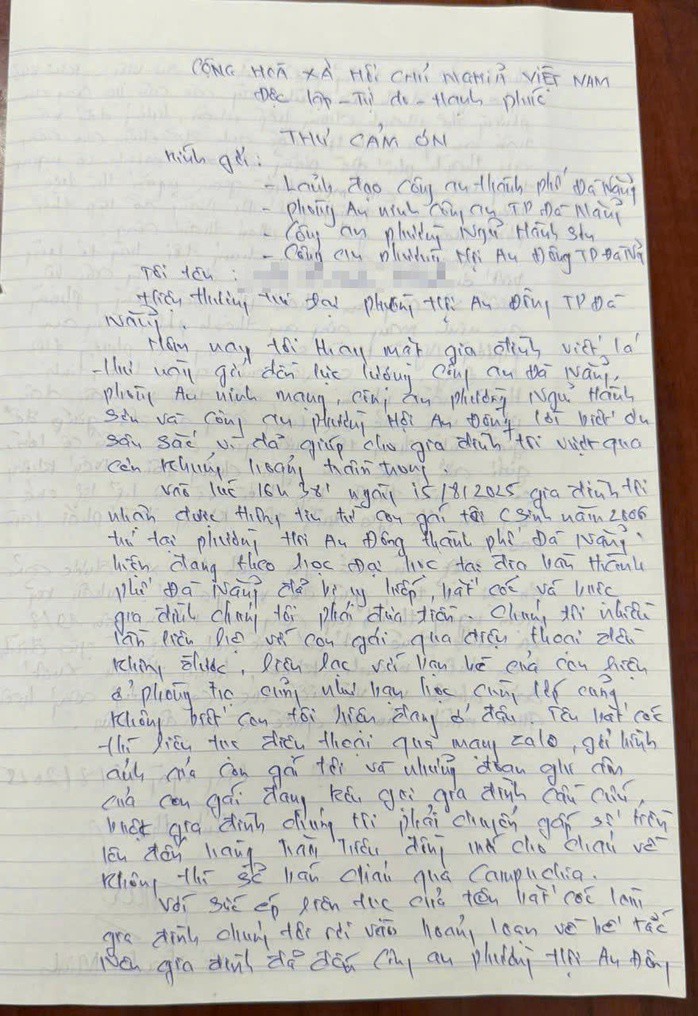 Xúc động lá thư gửi Công an Đà Nẵng của cha cô gái bị "bắt cóc online" - 1