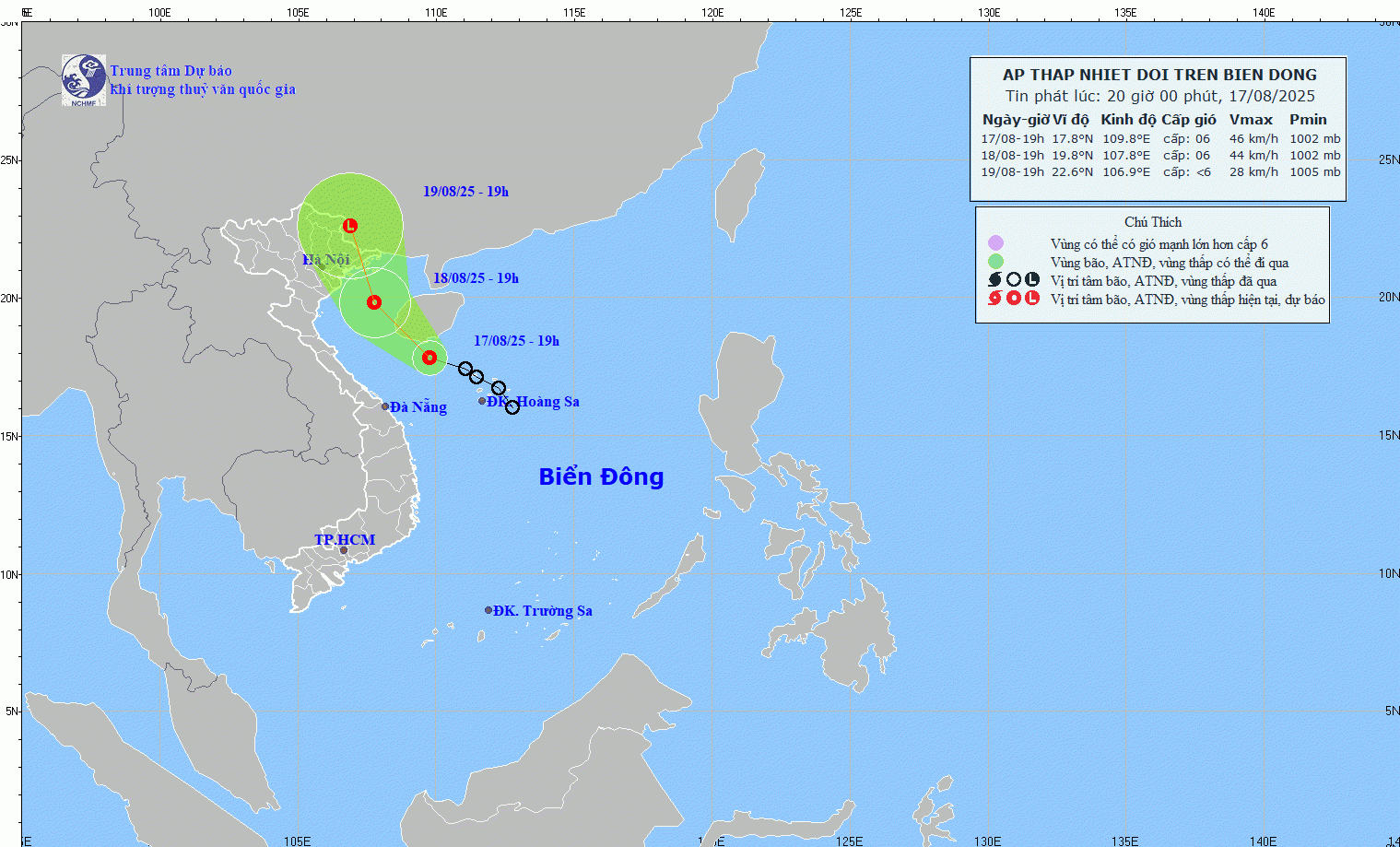 Bản đồ dự báo quỹ đạo và cường độ áp thấp nhiệt đới lúc 20h00 ngày 17/8