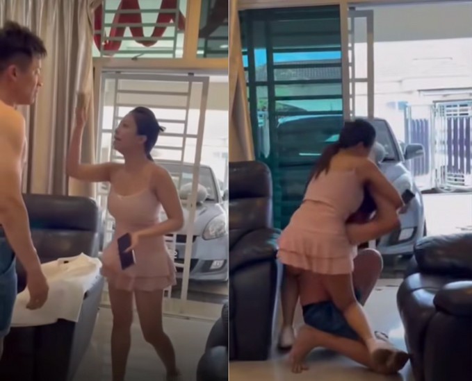 Người vợ trèo lên lưng, đánh chồng tại nhà nhân tình của anh này. Ảnh cắt từ video