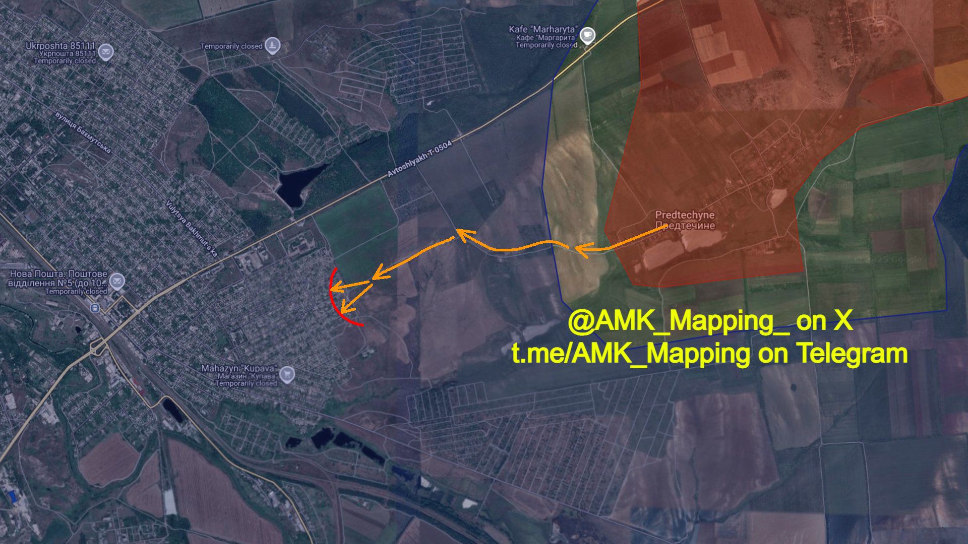 Lực lượng Nga được cho là đã xâm nhập thành phố Kostyantynivka nhờ lỗ hổng do các đơn vị Azov bên phía Ukraine để lại. Ảnh: AMK Mapping/X.