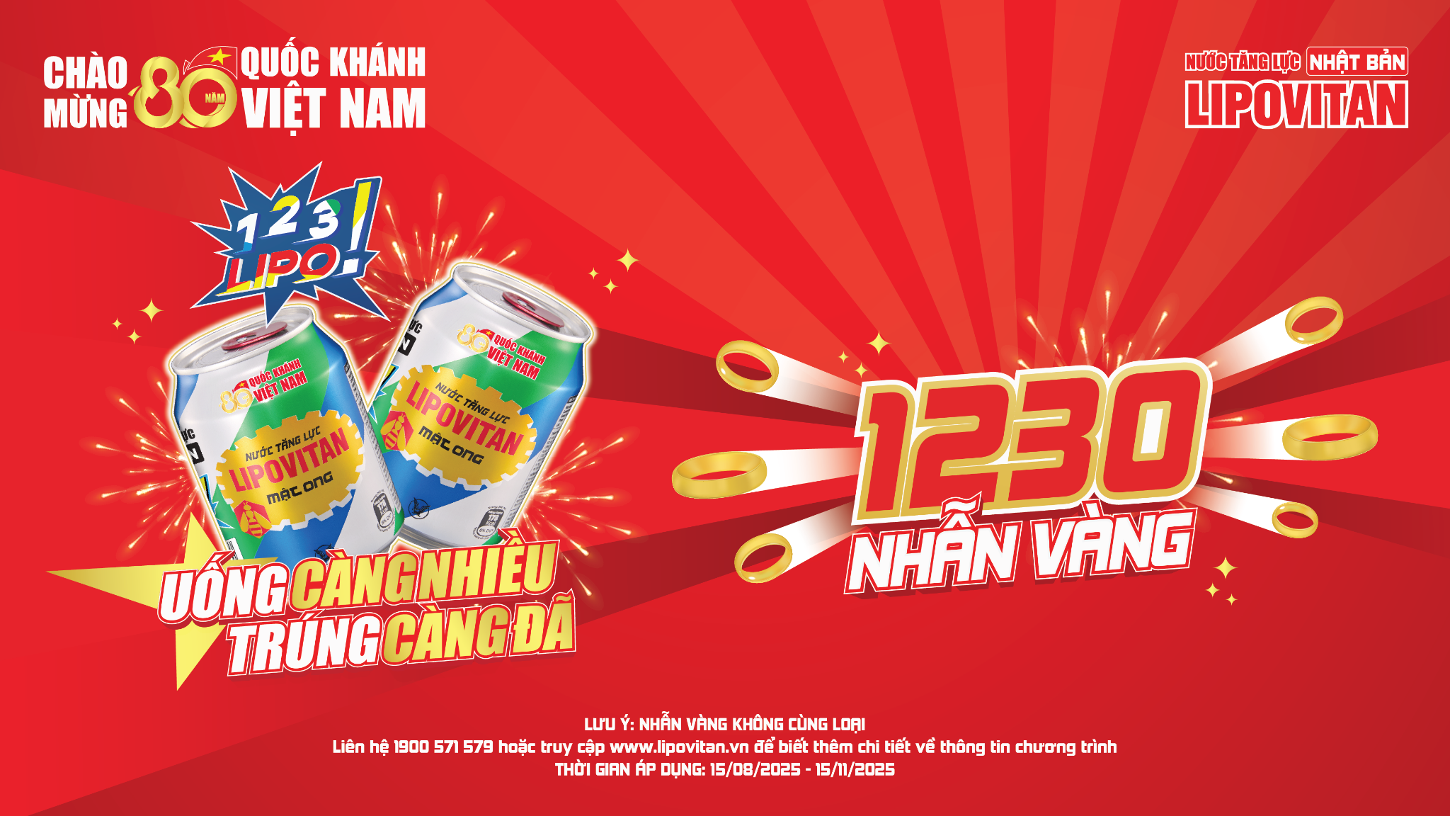 Chương trình khuyến mãi “Bật Nắp Trúng Vàng” chào mừng Lễ Quốc Khánh 02/09 mang đến 1.230 giải thưởng nhẫn vàng SBJ (Ảnh:LIPOVITAN).