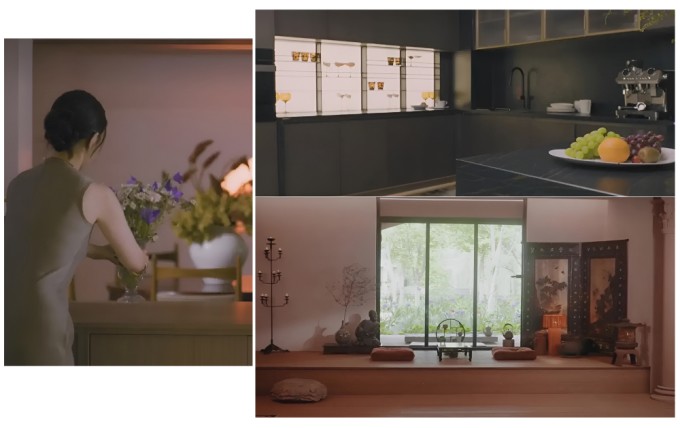 Bếp và phòng trà là sự kết hợp giữa phong cách Trung Hoa và phương Tây. Hoắc Tư Yến luôn giữ gìn chúng rất sạch sẽ. 'Vị trí đặt từng vật dụng đều rất đặc biệt, bức bình phong bên phải phòng trà cũng mang một ý nghĩa rất lớn', cô mô tả.