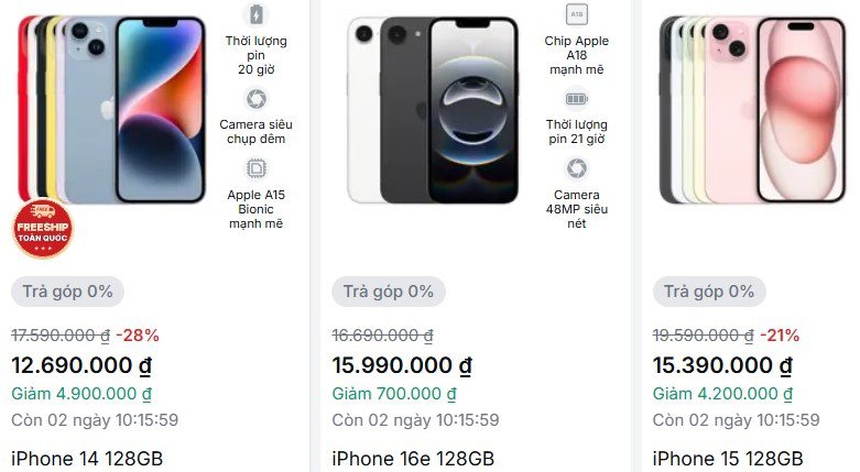 Các sản phẩm iPhone đời càng sâu giá giảm càng nhiều. Ảnh chụp màn hình