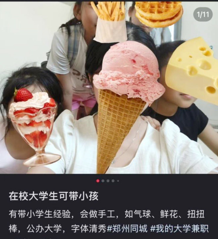 Bài đăng tìm việc trông trẻ của một sinh viên Trung Quốc. Người này cho biết có kinh nghiệm trông trẻ và làm đồ thủ công.