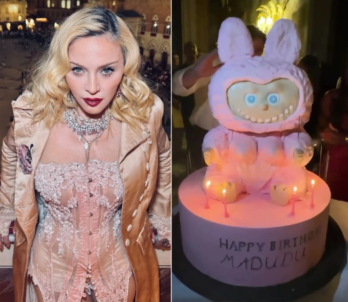 Madonna được tặng bánh sinh nhật hình Labubu khổng lồ in chữ: 'Happy Birthday Madudu'.