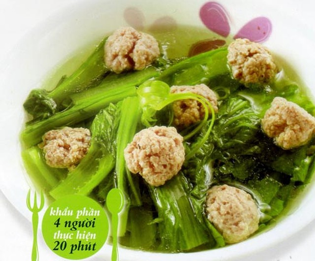 Đun nước sôi, cho thịt viên vào đun sôi. Nêm gia vị vừa ăn, cho ít gừng thái lát vào tiếp tục đun sôi. Nước sôi lại cho cải vào. Nêm lại gia vị vừa ăn rồi tắt bếp. Múc canh ra bát, rắc vào ít tiêu rồi dùng nóng.