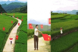 Bạn trẻ - Cuộc sống - Con đường rực rỡ cờ đỏ sao vàng giữa cánh đồng lúa Suối Lìn