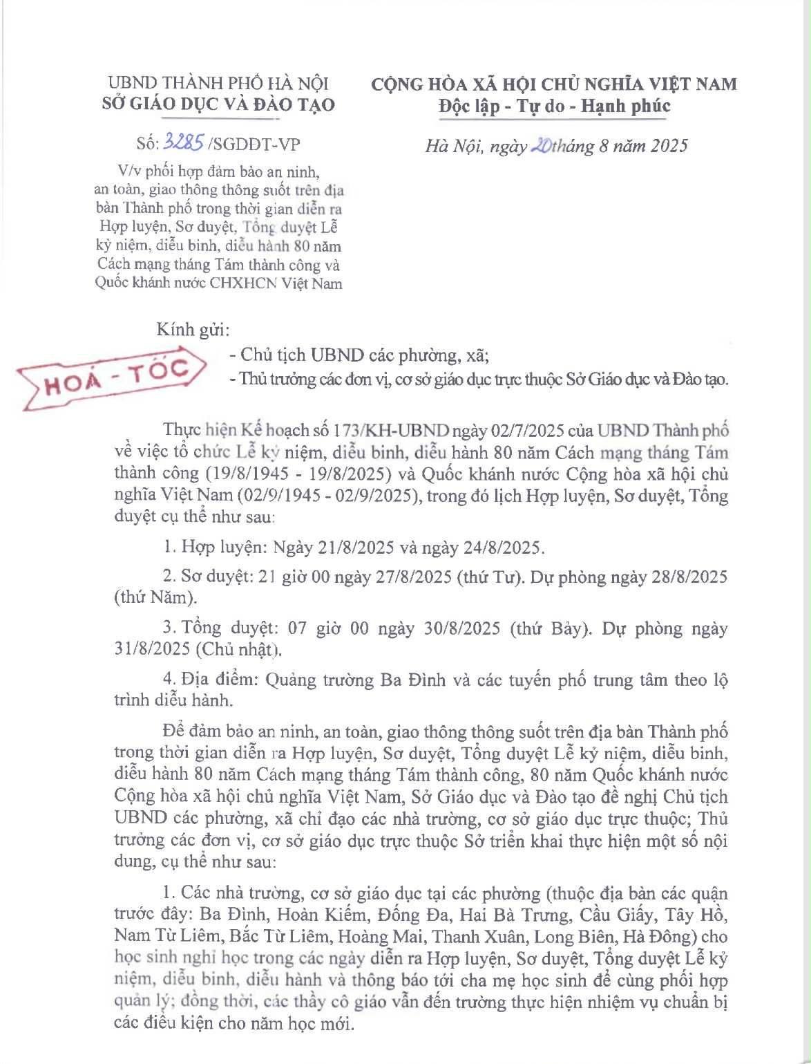 Hà Nội cho học sinh các trường nội đô nghỉ học trong 3 ngày phục vụ A80 - 2