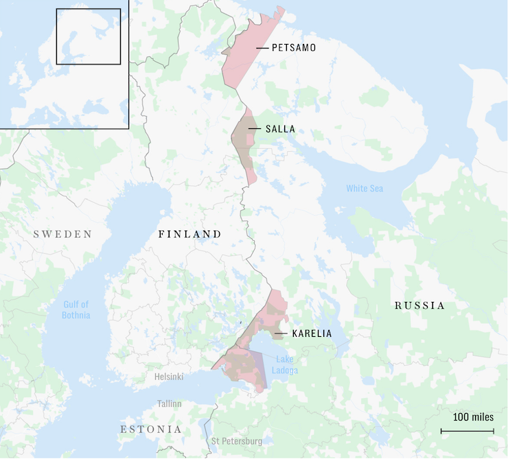 Các khu vực lãnh thổ Phần Lan nhượng cho Nga vào thời Liên Xô. Ảnh: Telegraph.