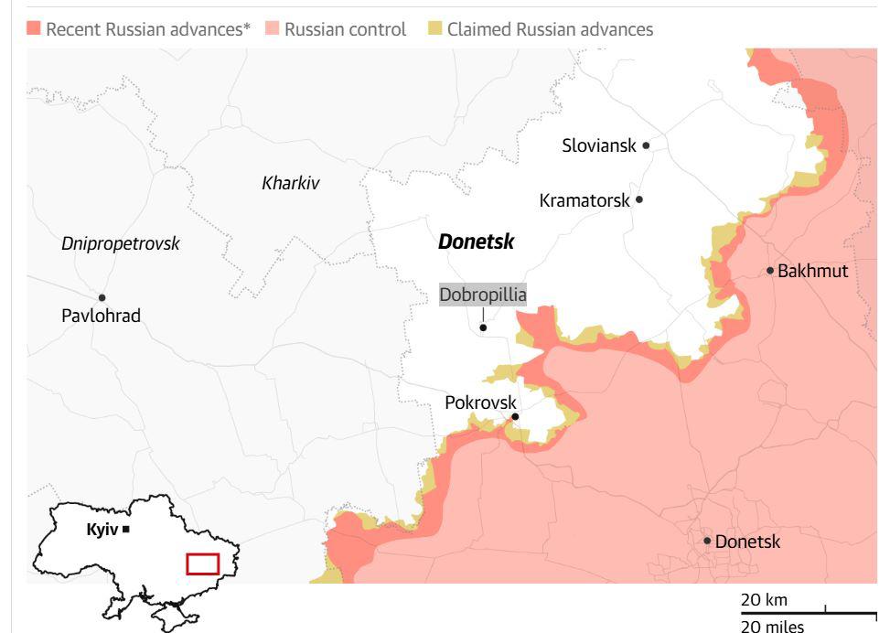 Bản đồ chiến sự: Quân đội Nga áp sát thị trấn Dobropillia (ảnh: Guardian)