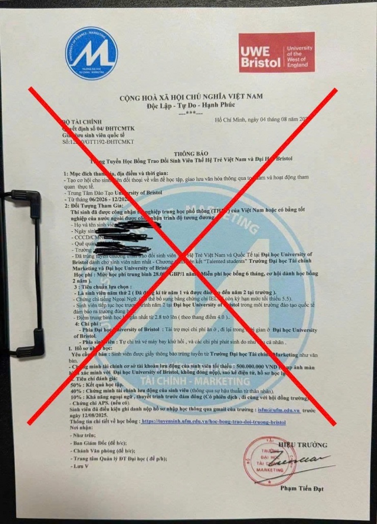 Các thông tin lừa đảo được Trường ĐH Tài chính - Marketing cảnh báo.