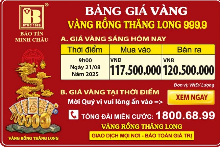 Giá Vàng Rồng Thăng Long- Bảo Tín Minh Châu ngày 21.08.2025