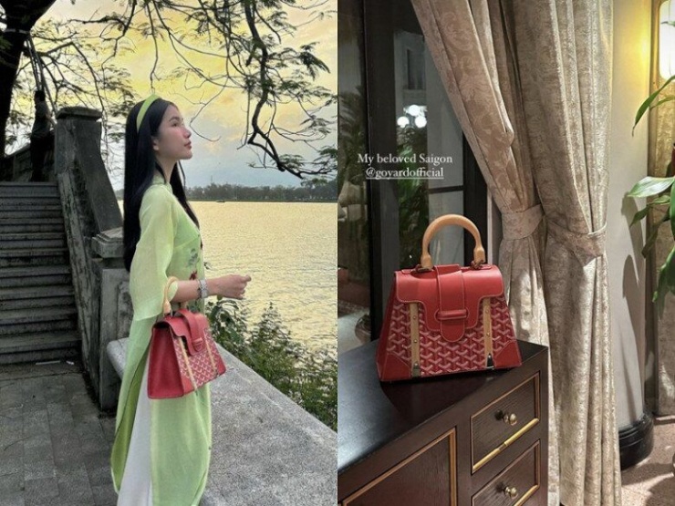 Mẫu túi trăm triệu được nàng hậu diện khi đi Huế, phối cùng áo dài nền nã.