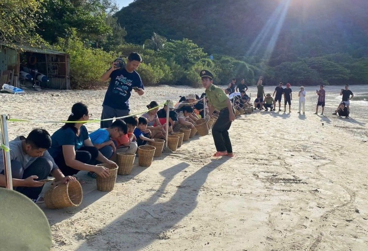 Nhân viên Trạm cứu hộ đang hướng dẫn du khách thả rùa con