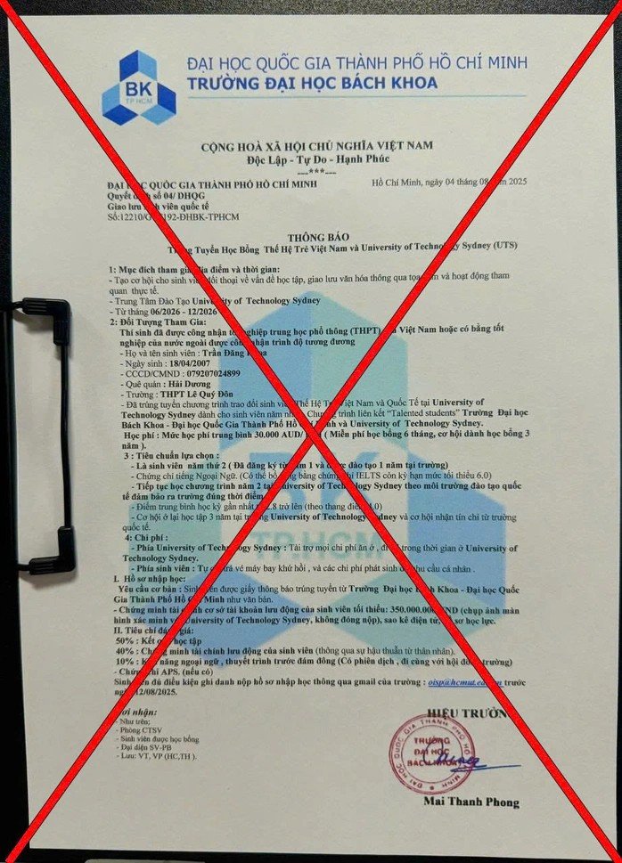 Các thông tin lừa đảo được Trường ĐH Bách khoa (ĐH Quốc gia TPHCM) cảnh báo.
