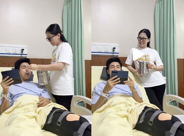 Á hậu Phương Nga lộ vòng hai lùm lùm khi chăm chồng nằm viện, nghi vấn có 