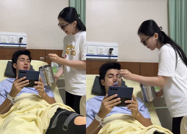 Phương Nga lộ vòng hai lùm lùm khi chăm chồng đang nằm viện. Nguồn: TikTok Bùi Phương Nga.