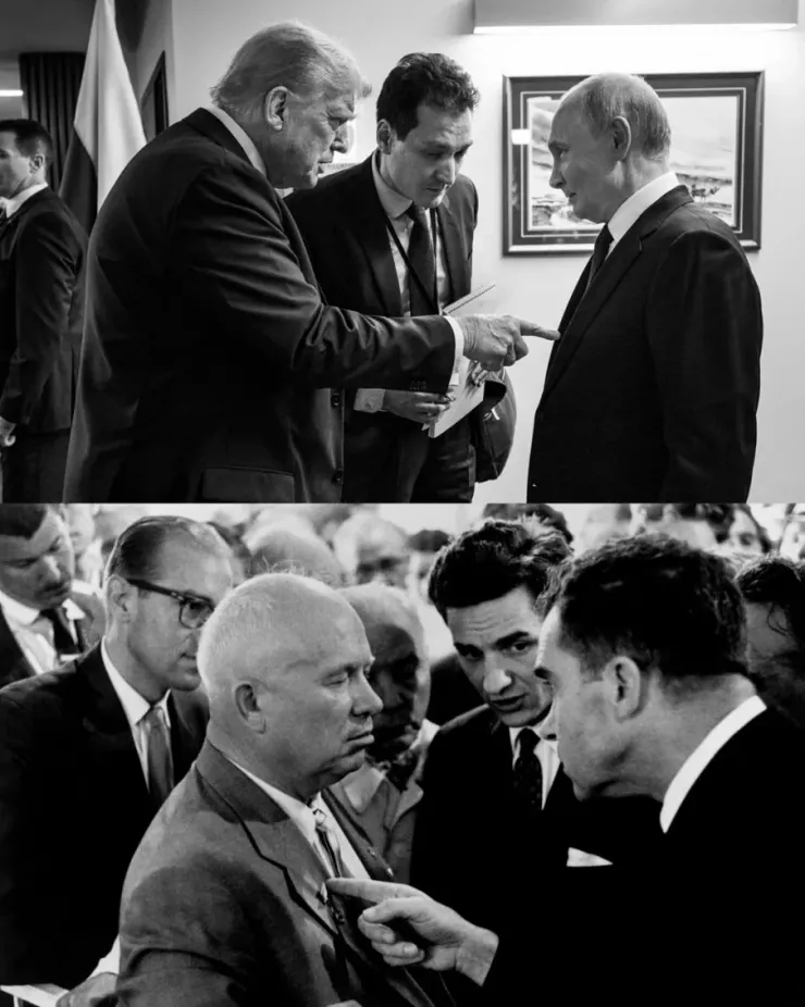 Tổng thống Mỹ Donald Trump chỉ tay vào người đồng cấp Nga Vladimir Putin (trên) và cựu Tổng thống Mỹ Richard Nixon chỉ ngón tay vào ngực nhà lãnh đạo Liên Xô Nikita Khrushchev. Ảnh: TRUTH SOCIAL