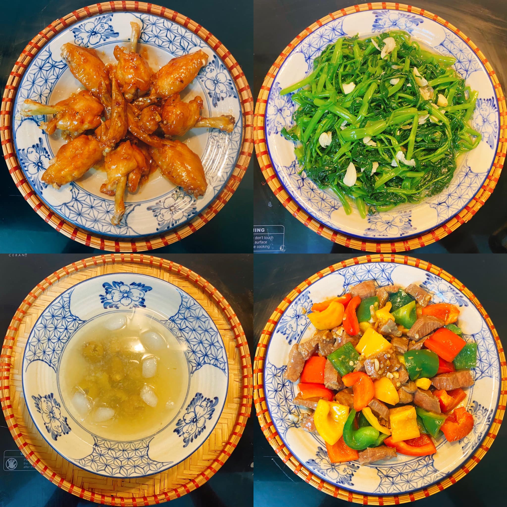Cánh gà chiên mắm - Rau muống xào - Bò xào lúc lắc - Canh rau sấu đá