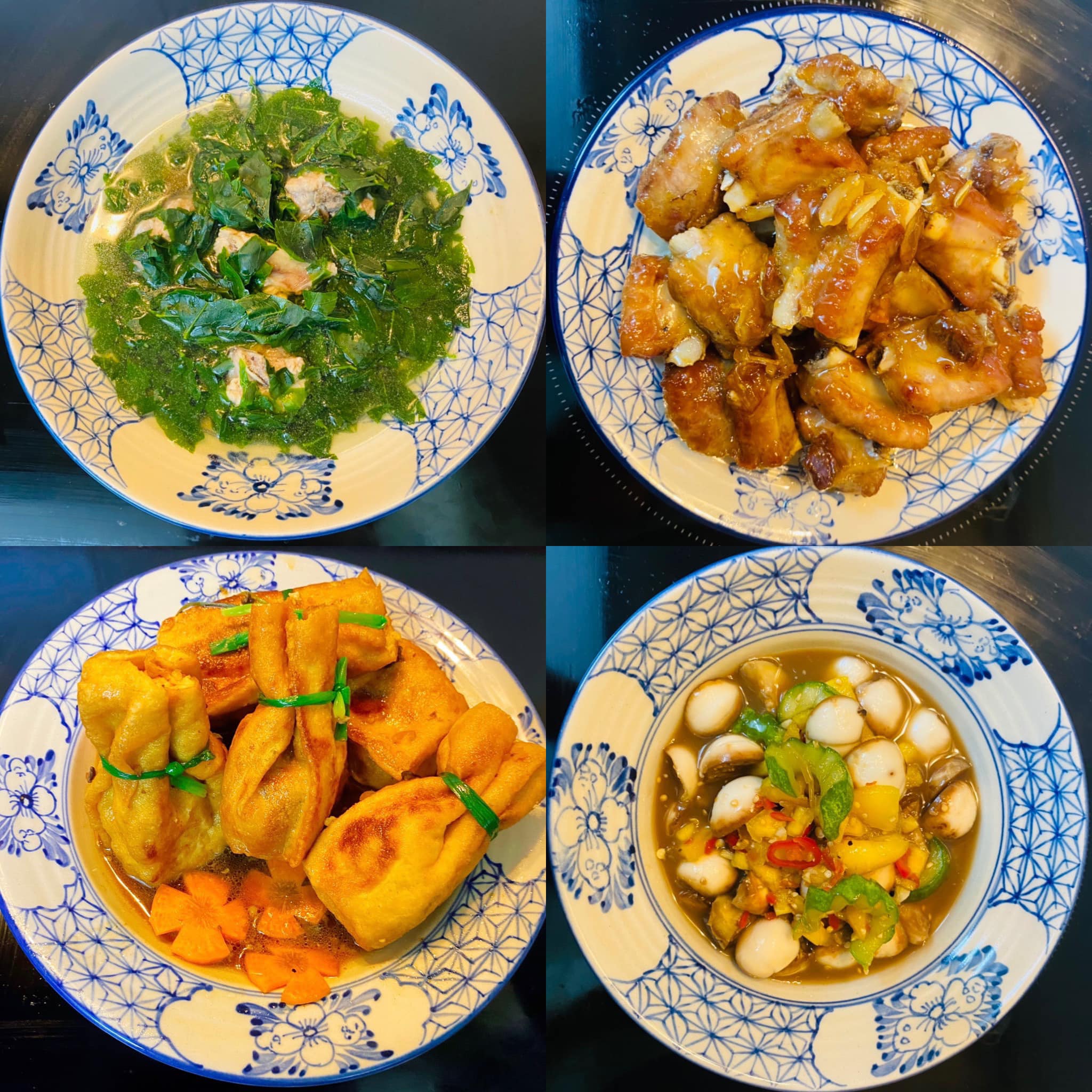 Canh sườn nấu rau ngót - Sườn xào chua ngọt - Đậu nhồi thịt - Dưa cà mắm nêm