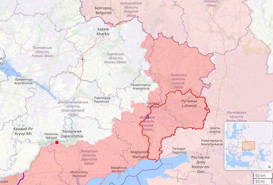 Bản đồ tình hình chiến sự ở miền đông Ukraine. Vùng khoanh đỏ là khu vực do phe ly khai thân Nga kiểm soát trước năm 2022. Ảnh: Euromaidan Press.