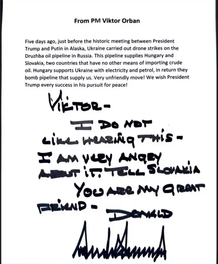 Bức thư của Thủ tướng Hungary Viktor Orban gửi Tổng thống Mỹ Donald Trump, kèm phản hồi viết tay của ông Trump. Ảnh: THE KYIV INDEPENDENT
