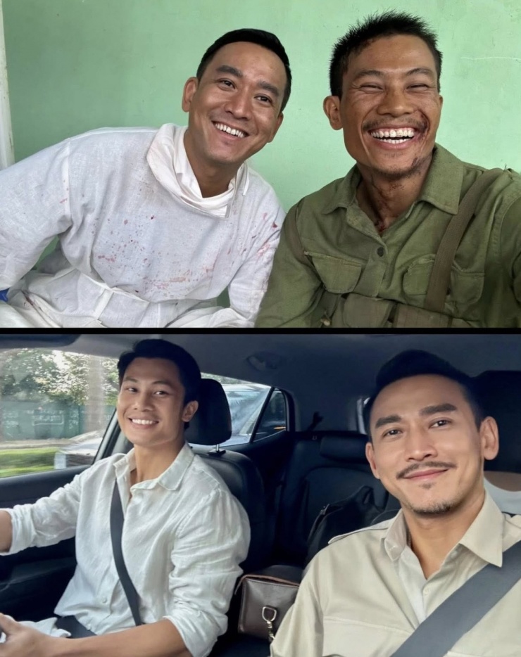Phương Nam già và đen nhẻm bên diễn viên Hứa Vĩ Văn ở hậu trường phim 'Mưa đỏ' năm ngoái (ảnh trên). Hai diễn viên tái ngộ ở series 'Tận hiến' (ảnh dưới) - tác phẩm dựa trên cuộc đời một nhà tình báo của Việt Nam, mùa hè năm nay.