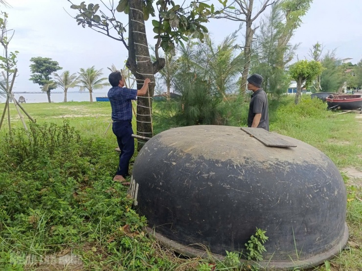 Người dân neo đậu các thuyền thúng