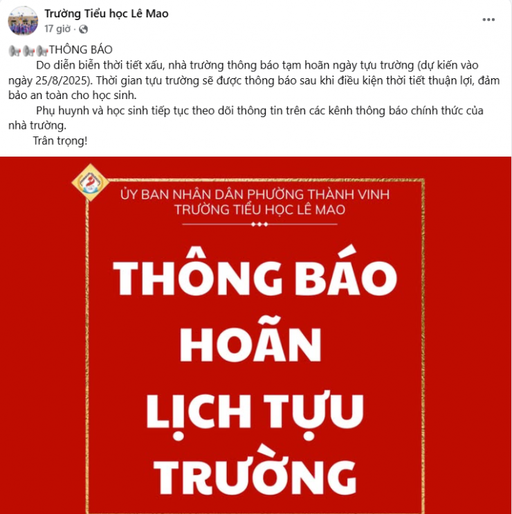 Trường Tiểu học Lê Mao (phường Thành Vinh, Nghệ An) thông báo hoãn lịch tựu trường