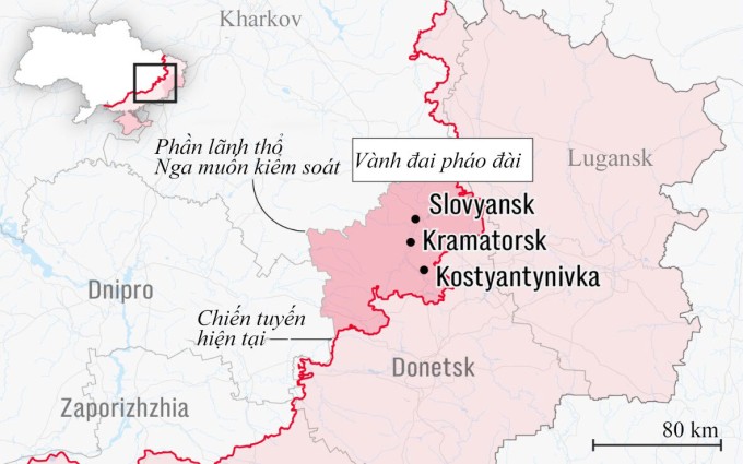 Vành đai pháo đài được Ukraine xây dựng ở phía tây Donetsk. Đồ họa: Telegraph