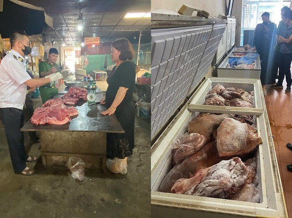 Một số hình ảnh lực lượng chức năng kiểm tra các cửa hàng kinh doanh thịt lợn tại chợ Mèo Vạc. Ảnh: Công an Tuyên Quang.