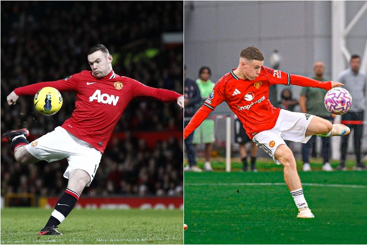 Kai Rooney (bên phải) ghi bàn từ một cú vô lê giống ông bố Wayne Rooney (bên trái)
