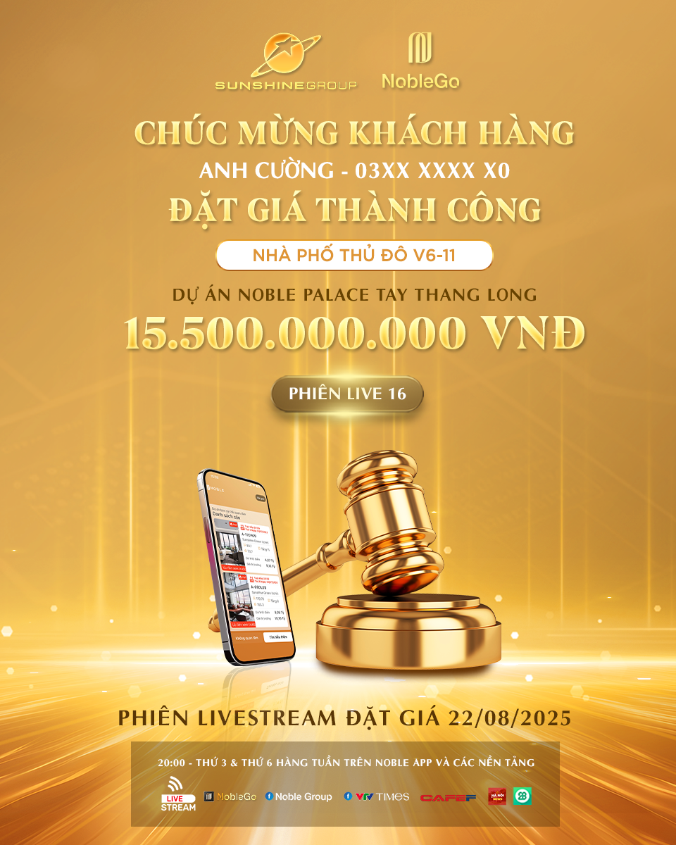 Khởi điểm từ 9,2 tỷ đồng (50% giá thị trường), khách hàng V. Cường đã đặt giá thành công nhà phố với 15,5 tỷ đồng, tiết kiệm tới gần 3 tỷ đồng.