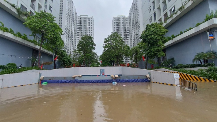 Chung cư ở Hà Nội thành &#39;ốc đảo&#39; sau mưa lớn, loạt ô tô dưới hầm bị nước bủa vây - 13