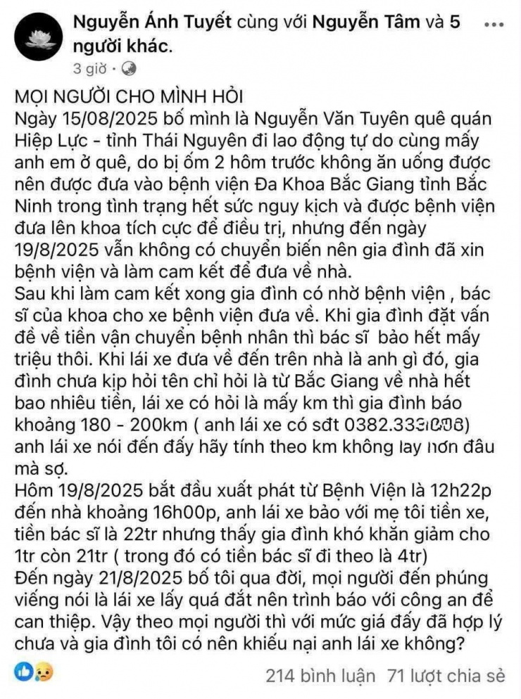 Bài đăng của chị Tuyết trên mạng xã hội thu hút sự chú ý của dư luận.