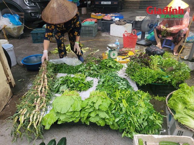 Tại chợ dân sinh Yên Duyên (Hoàng Mai), rau muống và rau cải canh được bán với giá 20.000 đồng/bó, cao gần gấp đôi so với mức 10.000 – 12.000 đồng/bó trước đó. Ảnh: Bảo Loan