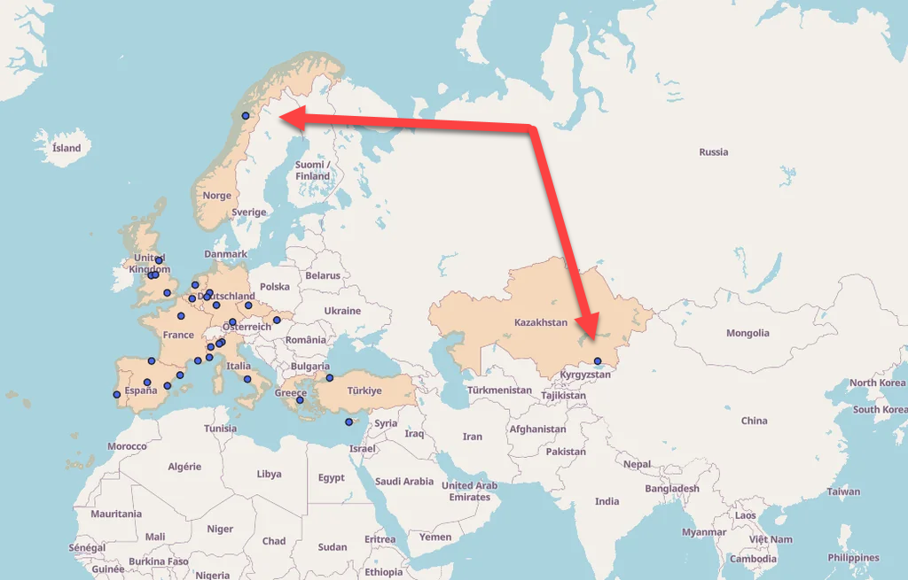 Địa điểm của Bodo/Glimt và Kairat Almaty trên bản đồ