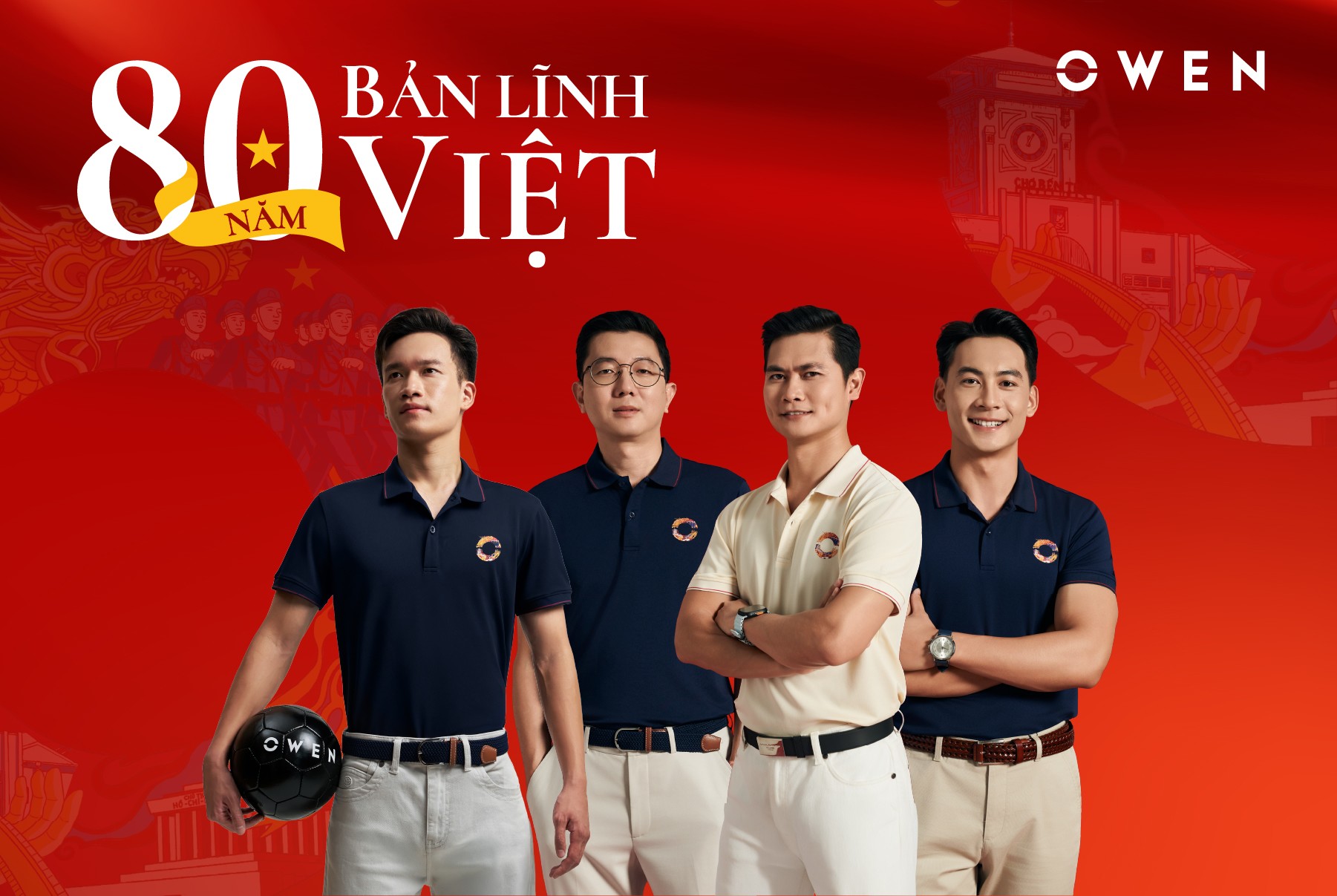 Các nhân vật đồng hành cùng chiến dịch lịch lãm trong mẫu áo polo Tết Độc lập của OWEN, biểu tượng phong độ và bản lĩnh phái mạnh.