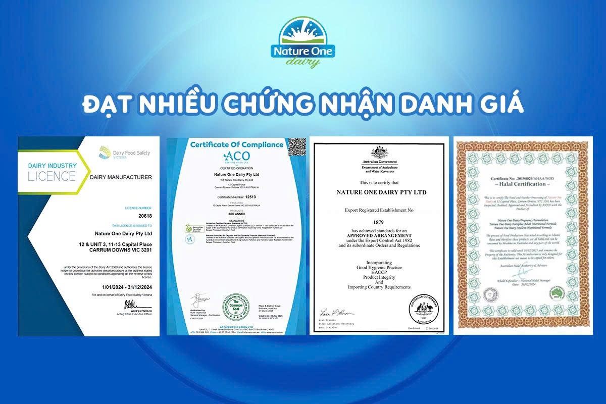 Hàng loạt chứng nhận uy tín là lời khẳng định cho chất lượng của các sản phẩm Nature One Dairy