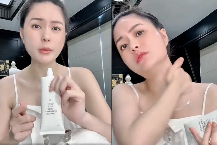 Trong một clip, Đoàn Di Băng chia sẻ đã dùng sản phẩm kem chống nắng trước khi bán và khuyên khách mua để chống nắng.