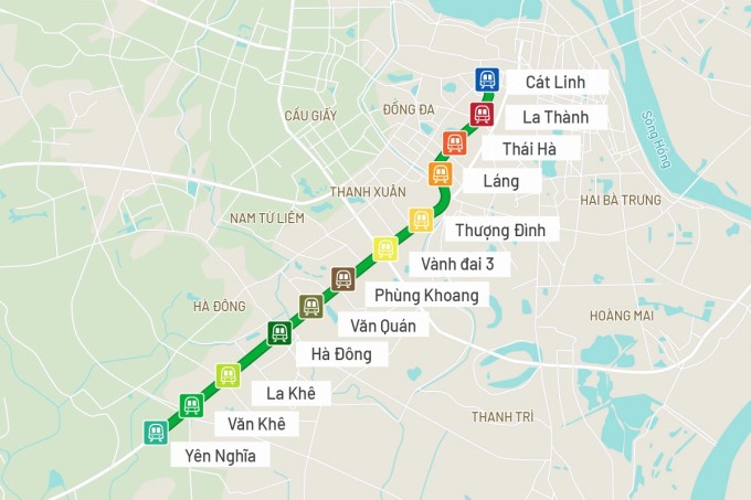 Các ga trên tuyến Cát Linh - Hà Đông. Đồ họa: Tạ Lư