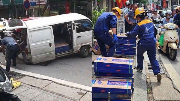 Dỡ hàng hóa từ trên xe xuống vỉa hè. Ảnh người dân cung cấp.