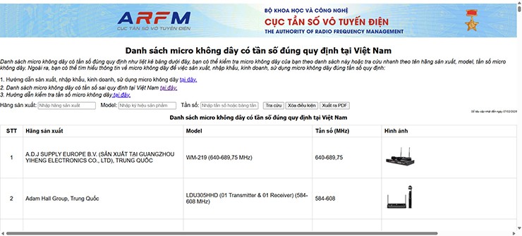 Trang web danh sách micro không dây có tần số đúng quy định tại Việt Nam.